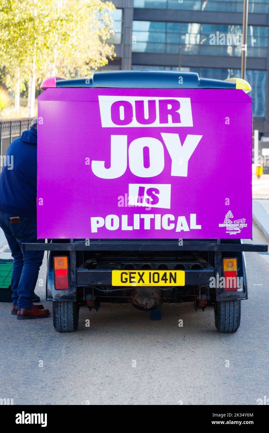 our joy is political slogan on milk float setting up Gay Pride parade protest 2022 in birmingham city centre uk september 24th Stock Photo