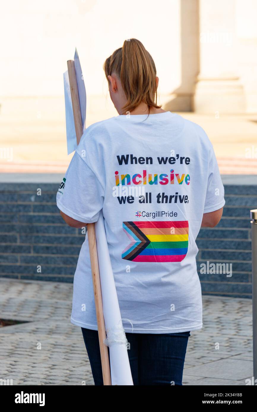woman in inclusive rainbow T shirt at Gay Pride parade protest 2022 in birmingham city centre uk september 24th Stock Photo