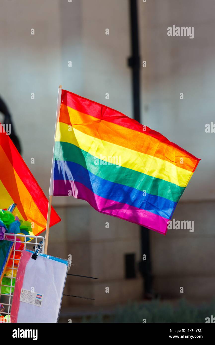 isolated rainbow flag at Gay Pride parade protest 2022 in birmingham city centre uk september 24th Stock Photo