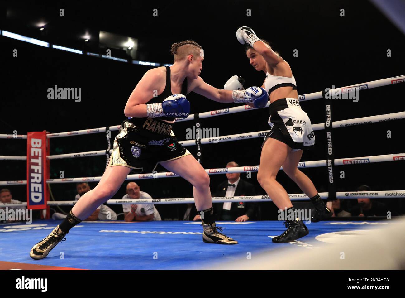 Hannah Rankin (left) in action against Terri Harper in the WBA and IBO World Super Welterweight titles fight at Motorpoint Arena, Nottingham. Picture date: Saturday September 24, 2022. Stock Photo