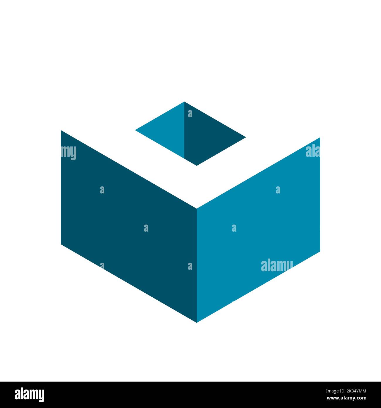 Letter O cube logo. 3D isometric block shape with long shadow effect. Blue box with white letter O on top. Construction industry symbol. Vector Stock Vector