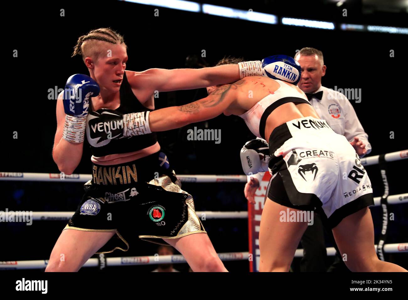 Hannah Rankin (left) in action against Terri Harper in the WBA and IBO World Super Welterweight titles fight at Motorpoint Arena, Nottingham. Picture date: Saturday September 24, 2022. Stock Photo