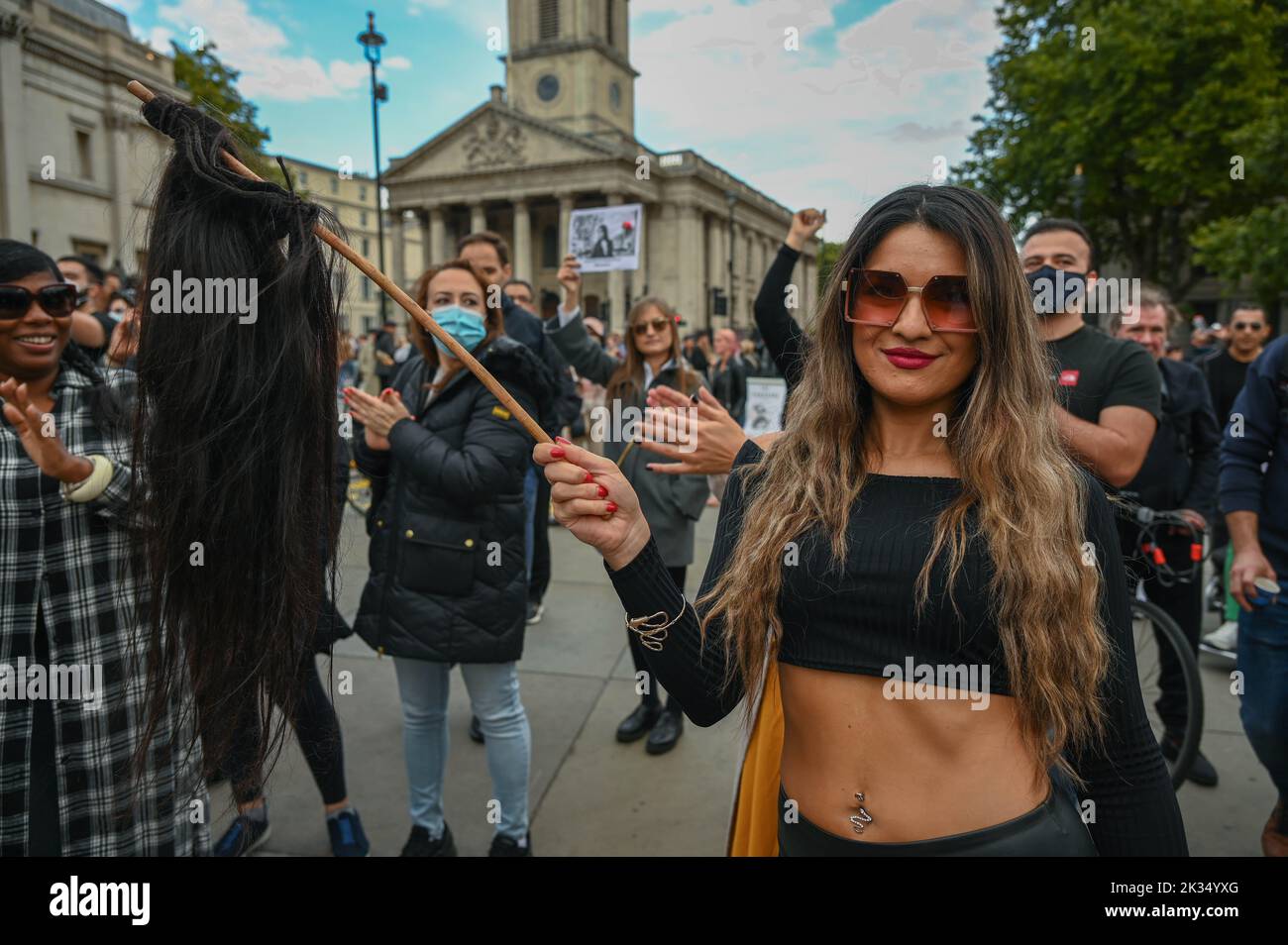 Protest continues in Trafalgar square of the the unlawful death of Mahsa Amini allege morality police murder Mahsa Amini for wearing an inappropriate hijab. London, UK. 24th September 2022. Stock Photo