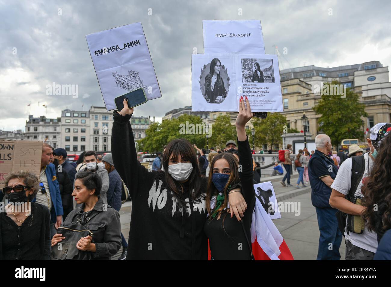 Protest continues in Trafalgar square of the the unlawful death of Mahsa Amini allege morality police murder Mahsa Amini for wearing an inappropriate hijab. London, UK. 24th September 2022. Stock Photo