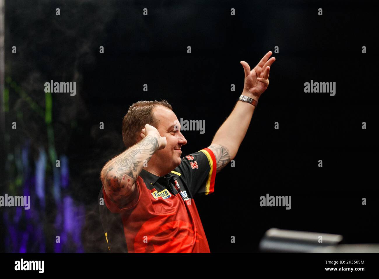 Belgian Kim Huybrechts pictured during the second day of the Belgian Darts Open, a tournament in