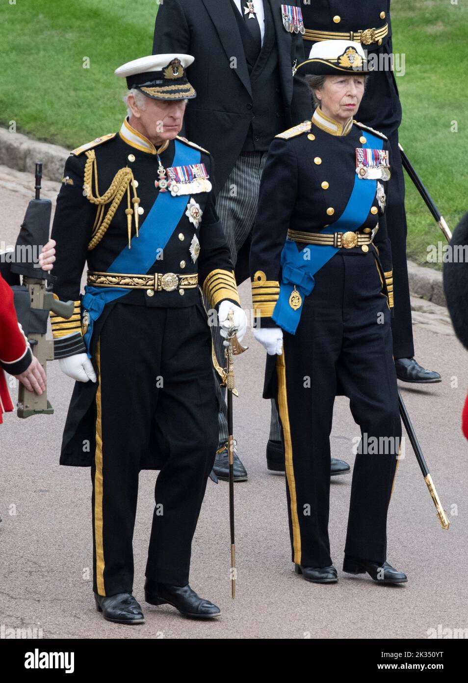Windsor, England. UK. 19 September, 2022. King Charles lll and Princess Anne, Princess Royal follow the as coffin of Queen Elizabeth ll, carried in th Stock Photo