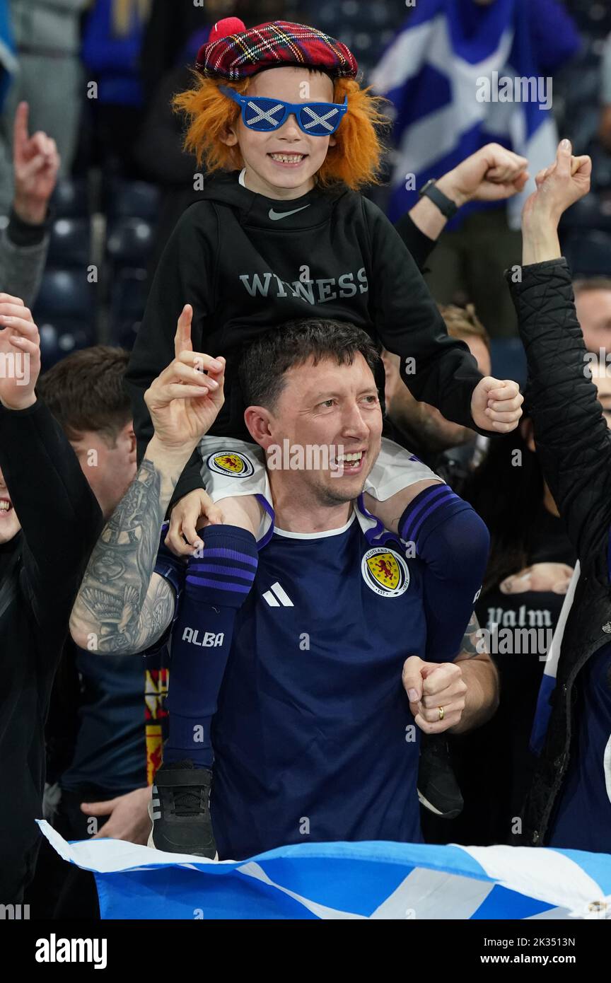 Scotland's fans celebrate in the stands after the UEFA Nations League Group E Match at Hampden Park, Glasgow. Picture date: Saturday September 24, 2022. Stock Photo
