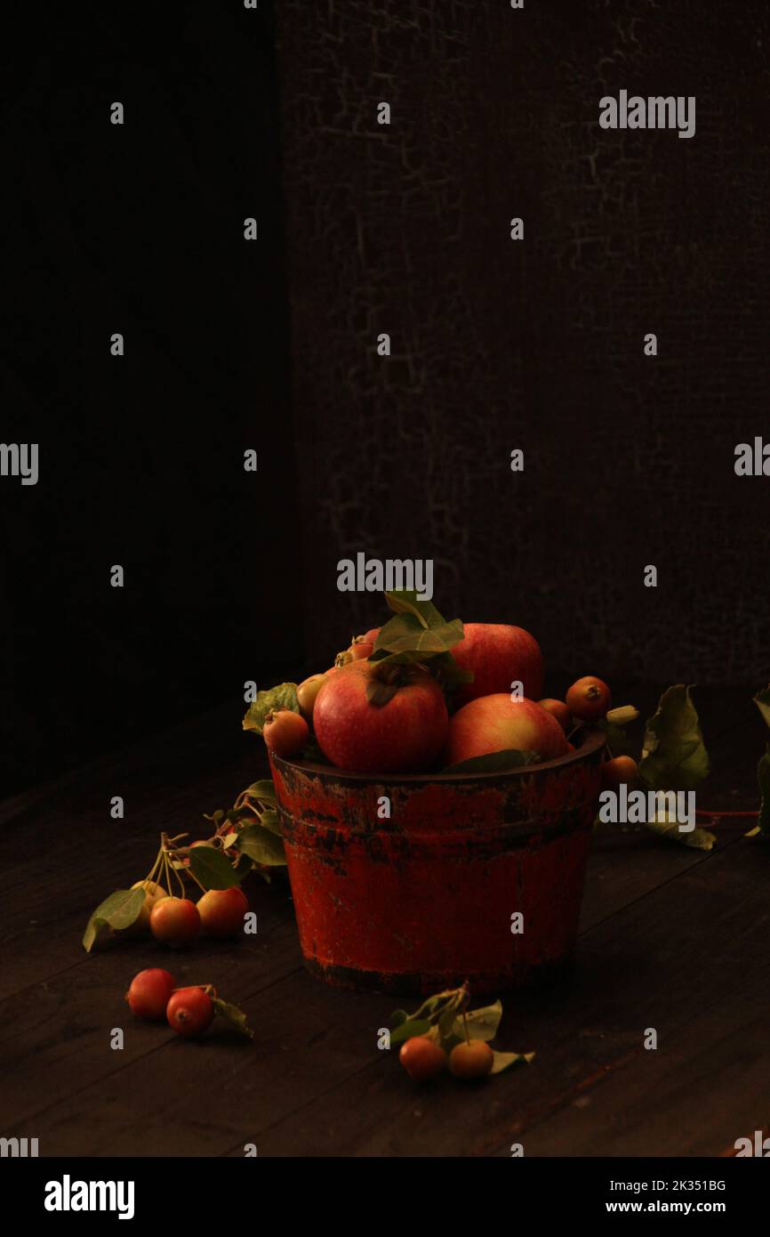 A vertical vintage shot of apples in an old rustic bucket Stock Photo ...
