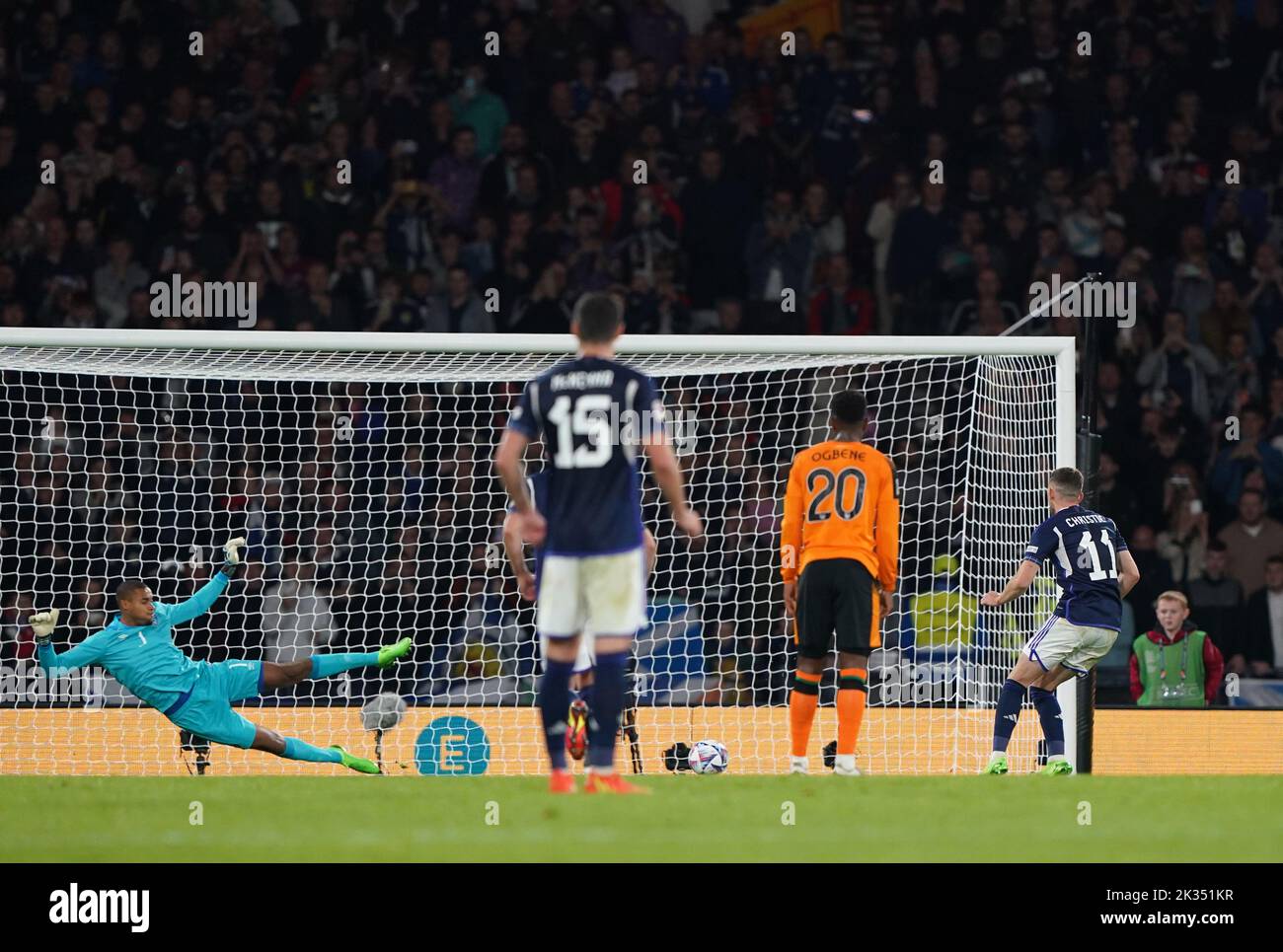 Scotland's Ryan Christie (right) scores his sides second goal of the game from the penalty spot during the UEFA Nations League Group E Match at Hampden Park, Glasgow. Picture date: Saturday September 24, 2022. Stock Photo