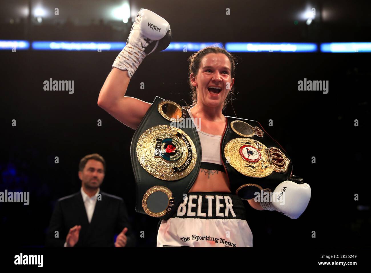 Terri Harper celebrates victory in the WBA and IBO World Super Welterweight titles fight against Hannah Rankin at Motorpoint Arena, Nottingham. Picture date: Saturday September 24, 2022. Stock Photo