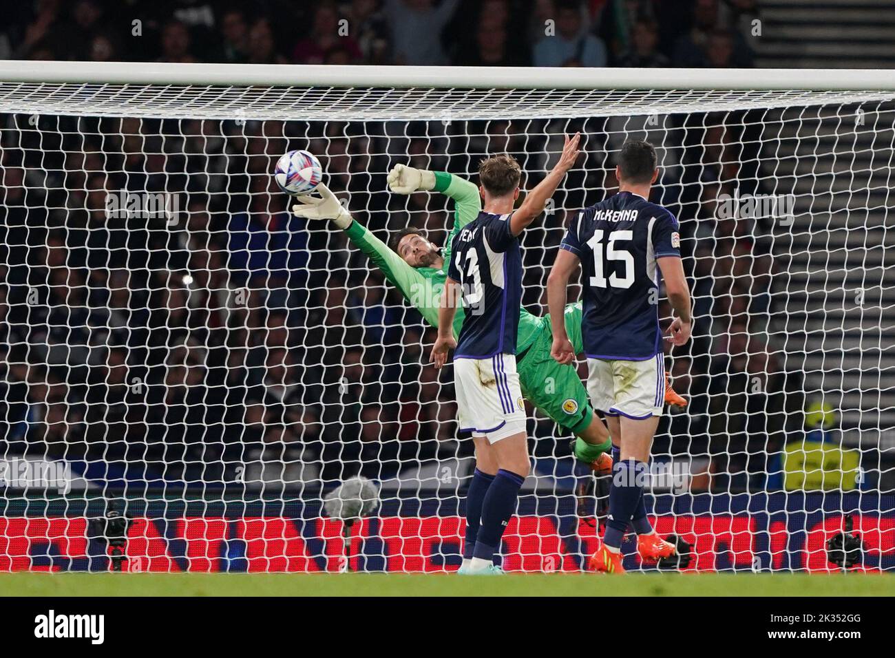 Scotland goalkeeper Craig Gordon makes a save from Republic of Ireland's Troy Parrott's (not picture) shot during the UEFA Nations League Group E Match at Hampden Park, Glasgow. Picture date: Saturday September 24, 2022. Stock Photo