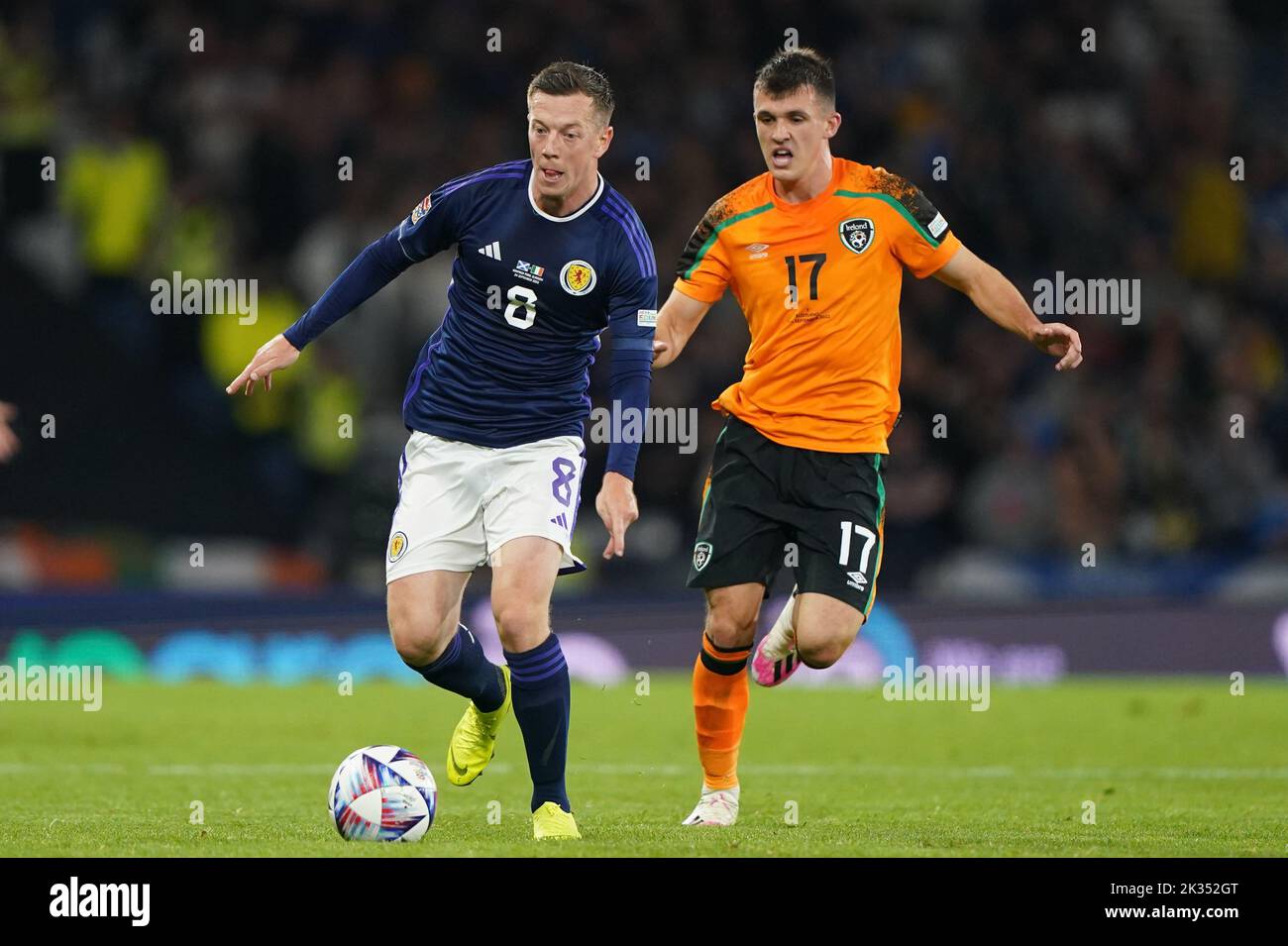 Scotland's Callum McGregor (left) and Republic of Ireland's Jason Knight battle for the ball during the UEFA Nations League Group E Match at Hampden Park, Glasgow. Picture date: Saturday September 24, 2022. Stock Photo