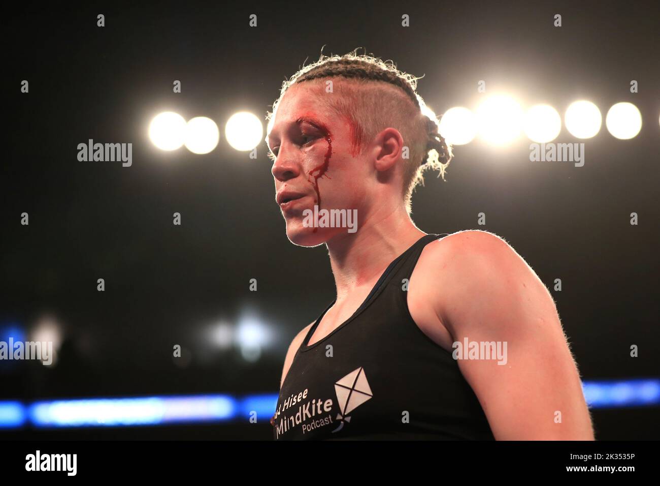 Hannah Rankin with blood coming down from her eye, in action against Terri Harper in the WBA and IBO World Super Welterweight titles fight at Motorpoint Arena, Nottingham. Picture date: Saturday September 24, 2022. Stock Photo