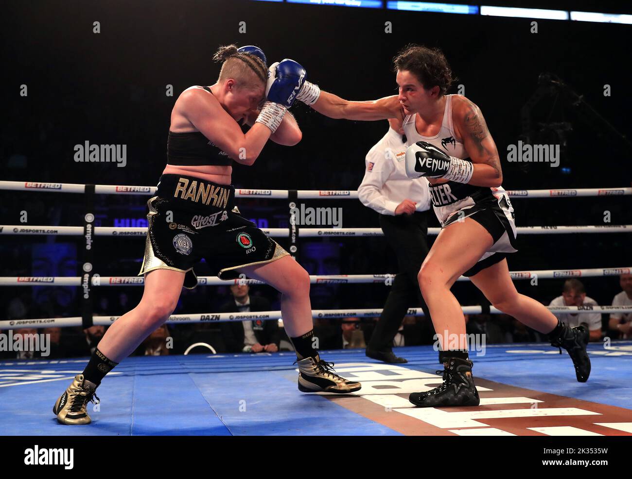 Terri Harper (right) in action against Hannah Rankin in the WBA and IBO World Super Welterweight titles at Motorpoint Arena, Nottingham. Picture date: Saturday September 24, 2022. Stock Photo