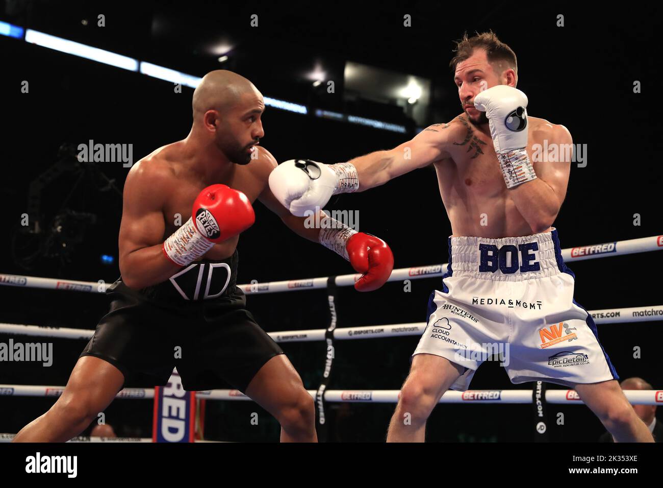 Maxi Hughes (right) in action against Kid Galahad in the IBO World Lightweight title fight at Motorpoint Arena, Nottingham. Picture date: Saturday September 24, 2022. Stock Photo