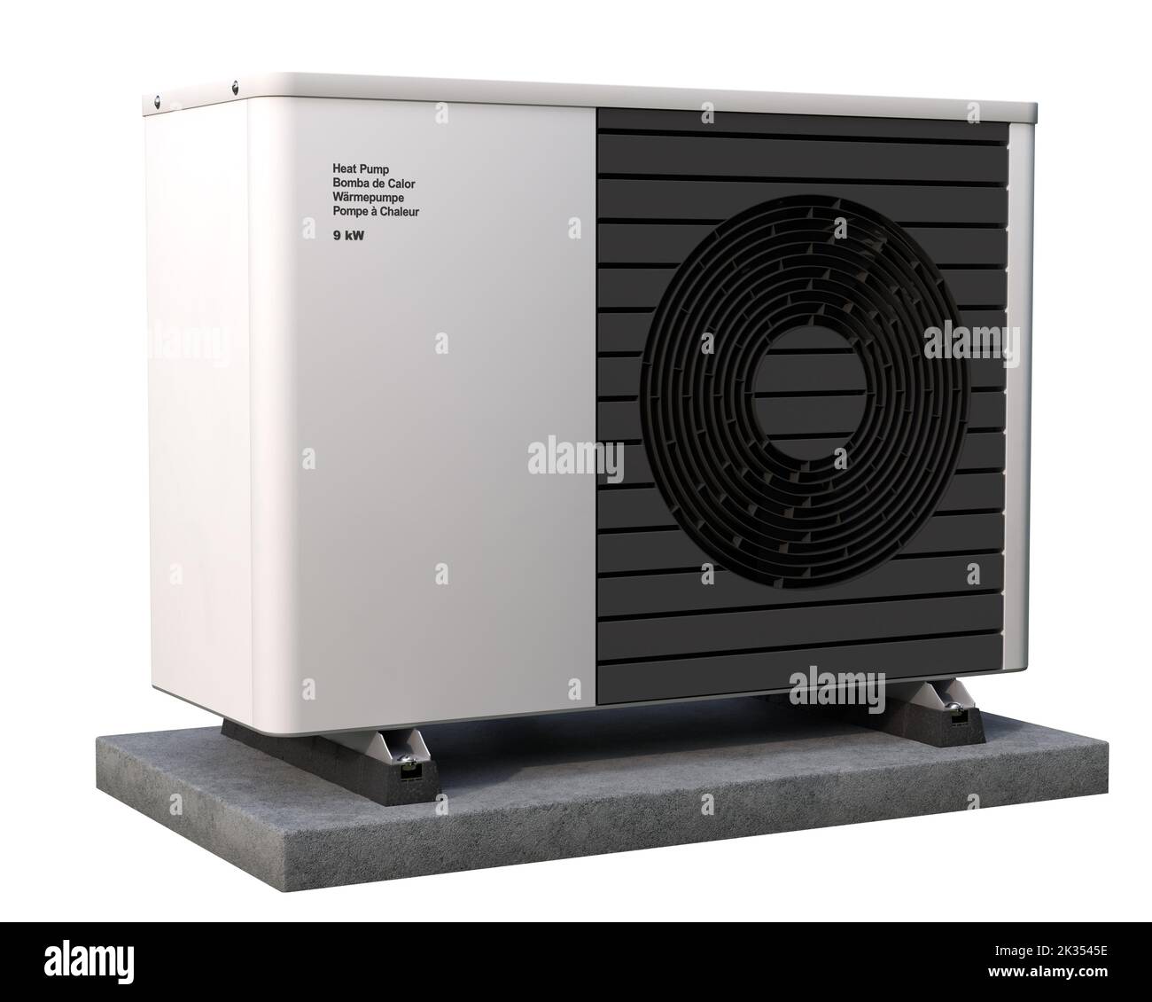 Photorealistic 3d render of a fictitious air source heat pump mounted to a concrete base with vibration dampers. Label 'Heat pump' in English, Spanish Stock Photo