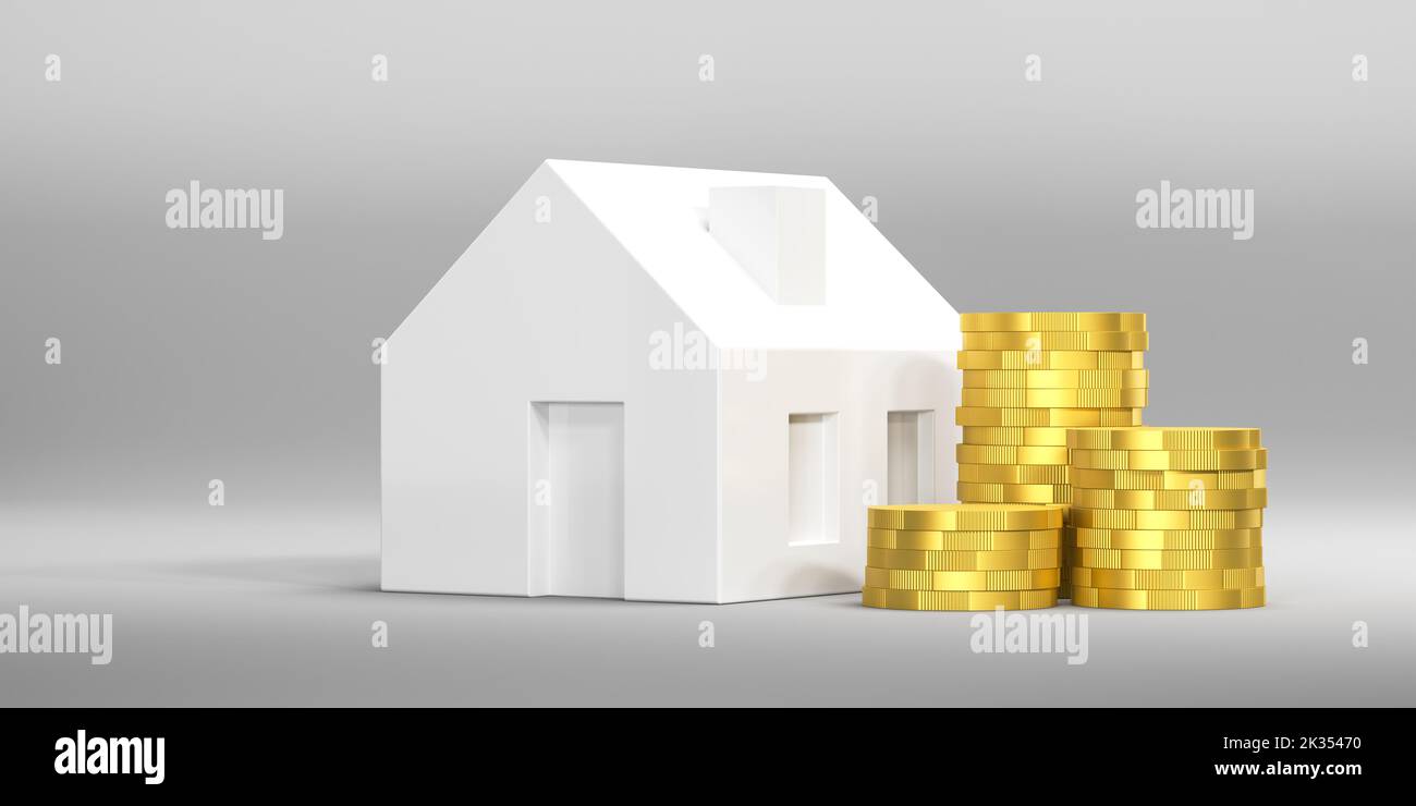 Real estate valuation concept. Mortgage concept. A model house with three stacks of coins in front. Stock Photo