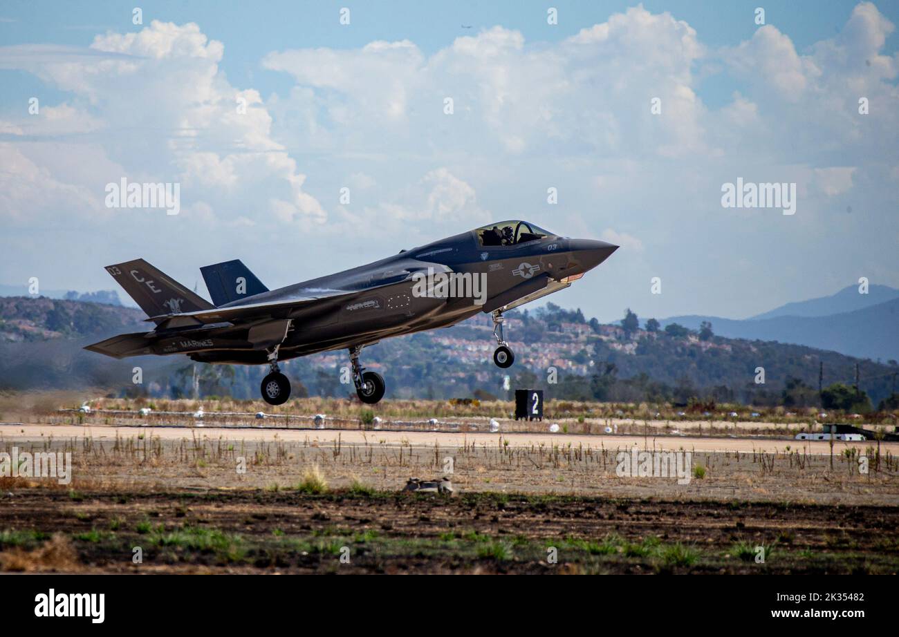 An F-35B Lightning II takes off during the Marine Air-Ground Task Force demonstration of the 2022 Marine Corps Air Station Miramar Air Show at MCAS Miramar, San Diego, California, Sept. 23, 2022. The MAGTF Demo displays the coordinated use of close-air support, artillery and infantry forces, and provides a visual representation of how the Marine Corps operates. The theme for the 2022 MCAS Miramar Air Show, “Marines Fight, Evolve and Win,” reflects the Marine Corps’ ongoing modernization efforts to prepare for future conflicts. (U.S. Marine Corps photo by Lance Cpl. Zachary Larsen) Stock Photo