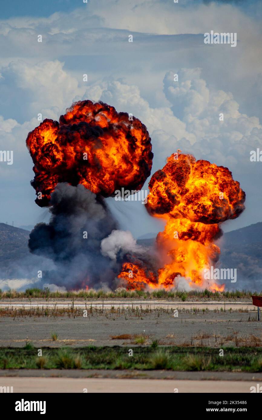 The Marine Air-Ground Task Force demonstration takes place during the 2022 Marine Corps Air Station Miramar Air Show at MCAS Miramar, San Diego, California, Sept. 23, 2022. The MAGTF Demo displays the coordinated use of close-air support, artillery and infantry forces, and provides a visual representation of how the Marine Corps operates. The theme for the 2022 MCAS Miramar Air Show, “Marines Fight, Evolve and Win,” reflects the Marine Corps’ ongoing modernization efforts to prepare for future conflicts. (U.S. Marine Corps photo by Lance Cpl. Zachary Larsen) Stock Photo