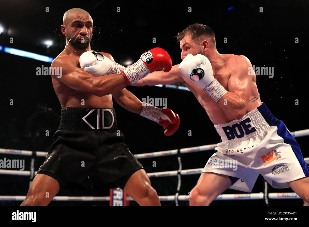 Maxi Hughes (right) in action against Kid Galahad in the IBO World Lightweight title fight at Motorpoint Arena, Nottingham. Picture date: Saturday September 24, 2022. Stock Photo