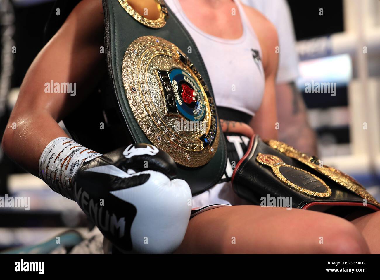 Close up of Terri Harper's belts after victory in the WBA and IBO World Super Welterweight titles fight against Hannah Rankin at Motorpoint Arena, Nottingham. Picture date: Saturday September 24, 2022. Stock Photo