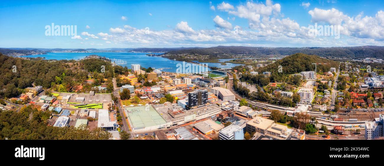 Downtown of Gosford city on Australian Central coast - aerial panorama over waterfront of Brisbane water bay. Stock Photo