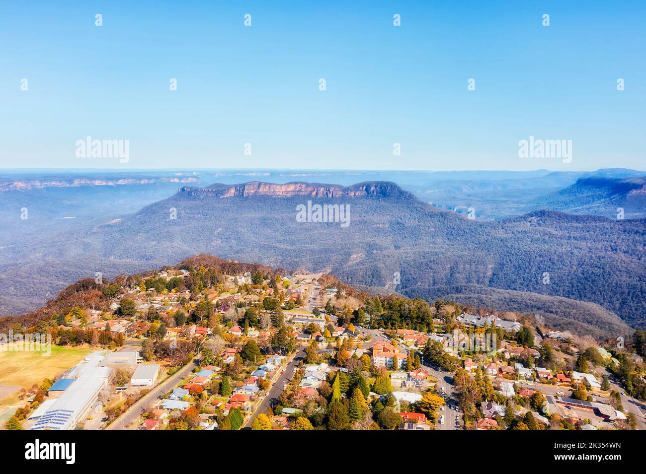 Mount Solitary in Grand Canyon of the Blue Mountains national park ofAustralia - aerial landscape from Katoomba. Stock Photo