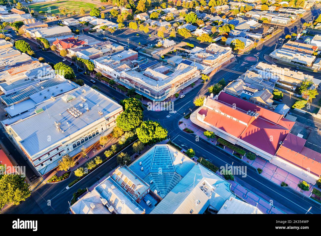 Main street intersection in Moree town downtown of rural agriculture region of NSW, Australia - aerial townscape. Stock Photo
