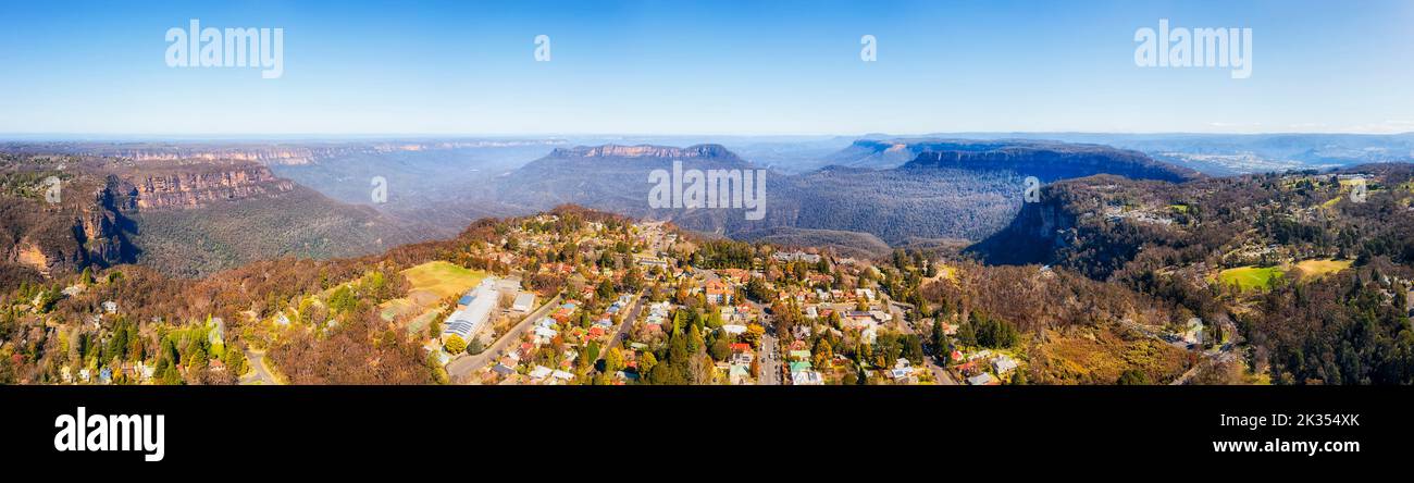 Scenic vista of Grand Canyon in the Blue Mountains of Australia - aerial landscape panorama from Katoomba town to Echo Point. Stock Photo
