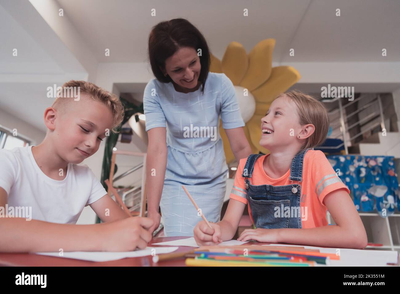 Creative kids during an art class in a daycare center or elementary ...