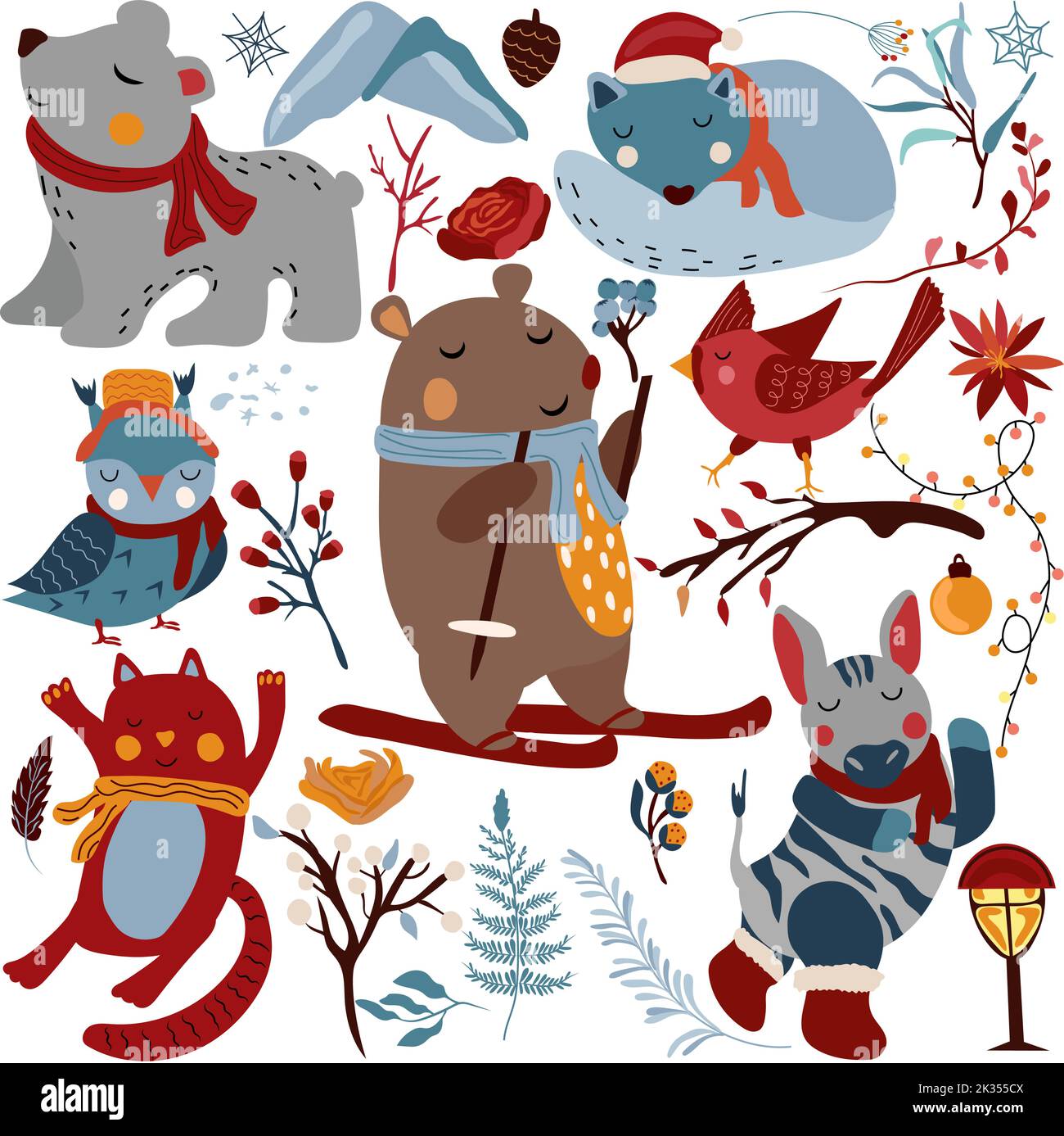 Magic winter animals, cute bear on skis, sleeping wolf, funny cat, polar bear, winter colorful leaves and flowers. Scandinavian animals. Perfect for greeting cards, poster, postcard, banner. Vector Stock Vector