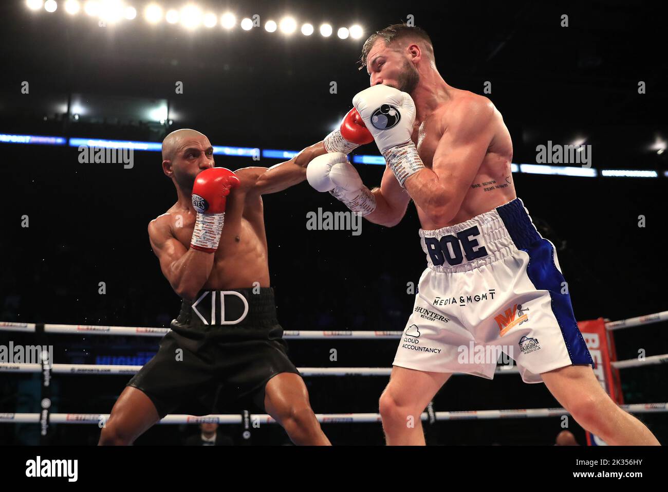 Kid Galahad (left) in action against Maxi Hughes in the IBO World Lightweight title fight at Motorpoint Arena, Nottingham. Picture date: Saturday September 24, 2022. Stock Photo