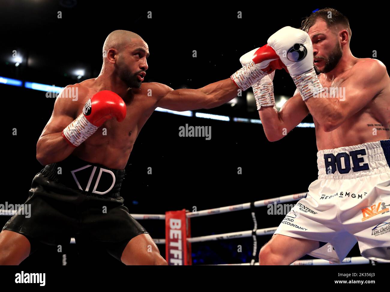 Kid Galahad (left) in action against Maxi Hughes in the IBO World Lightweight title fight at Motorpoint Arena, Nottingham. Picture date: Saturday September 24, 2022. Stock Photo