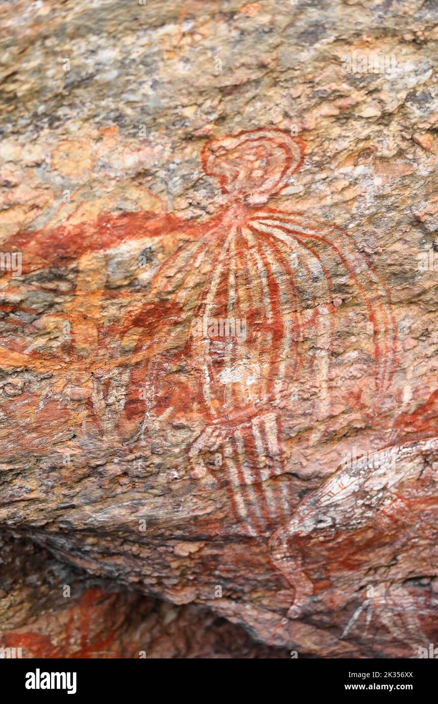 Ancestral Aboriginal rock art painting in X.ray style otulined in red