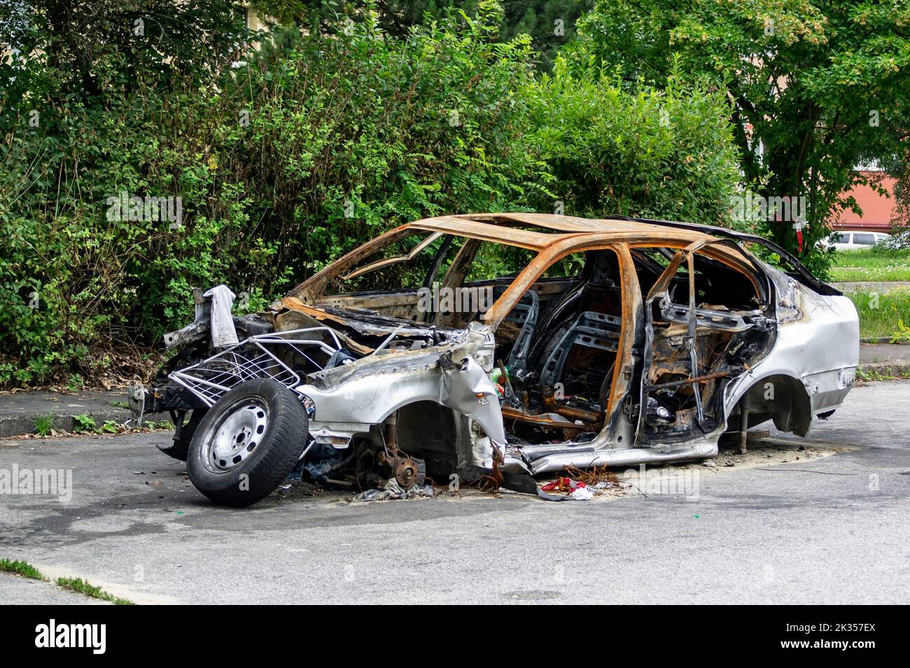 HAVIROV, CZECH REPUBLIC - JUNE 9, 2022: Burned Skoda Octavia TDI diesel internal combustion engine car that caught fire and was destroyed Stock Photo