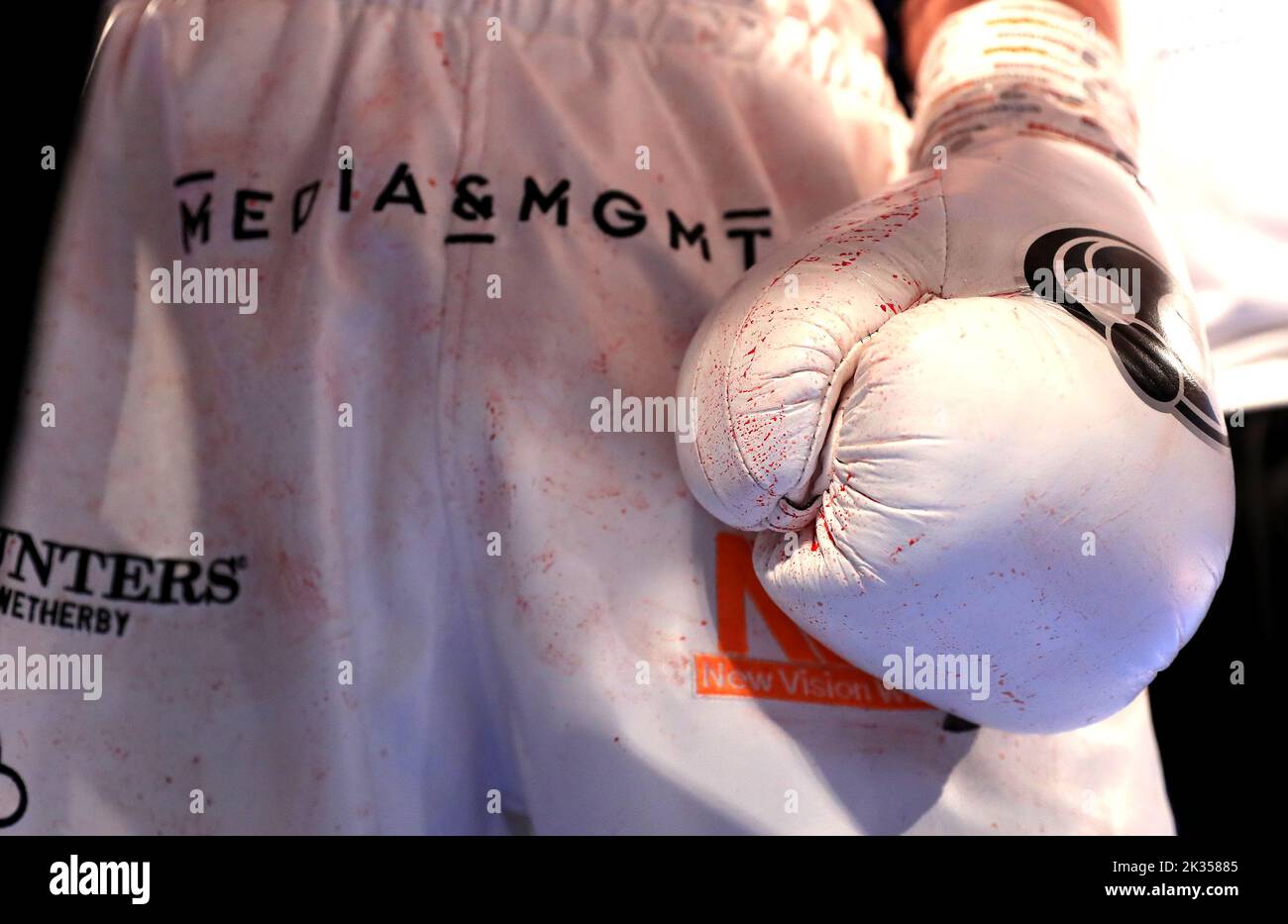 Close up ofMaxi Hughes' gloves with blood after the IBO World Lightweight title fight against Kid Galahad at Motorpoint Arena, Nottingham. Picture date: Saturday September 24, 2022. Stock Photo