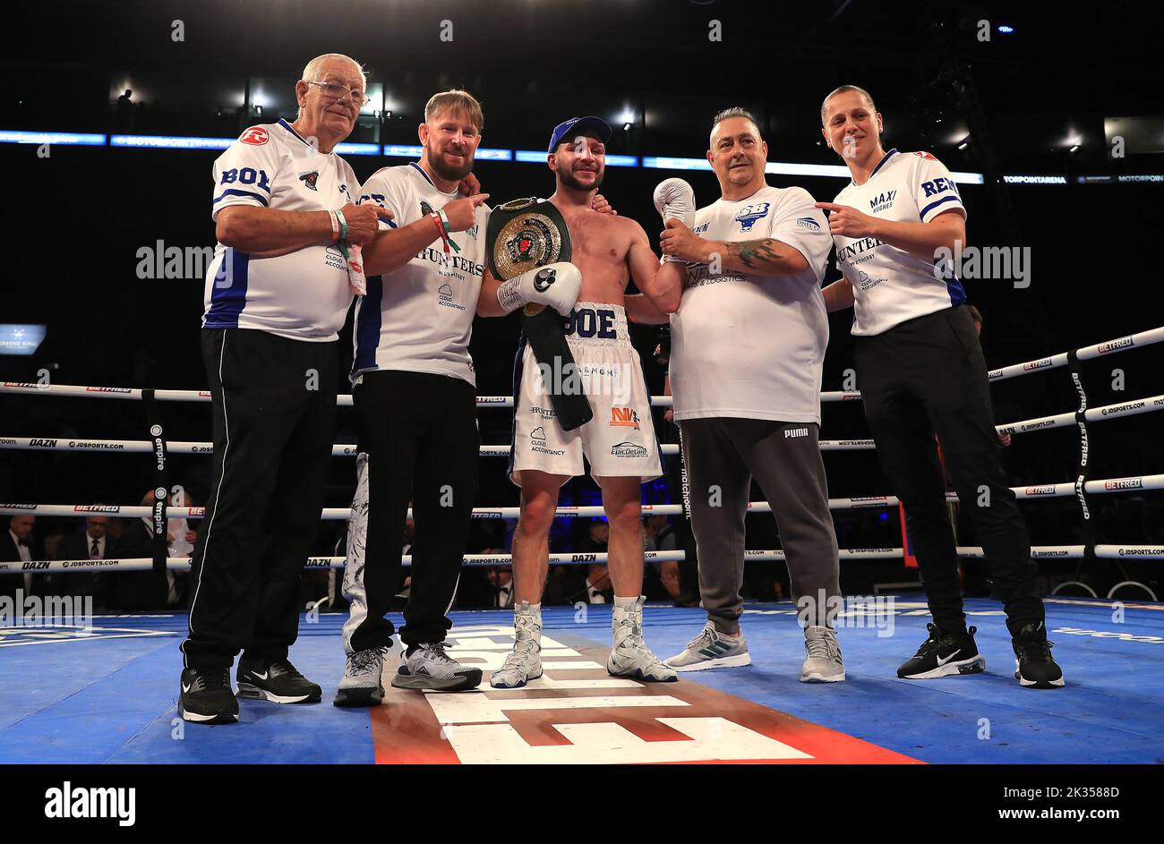 Maxi Hughes (centre) celebrates with team after winning the IBO World Lightweight title fight against Kid Galahad at Motorpoint Arena, Nottingham. Picture date: Saturday September 24, 2022. Stock Photo