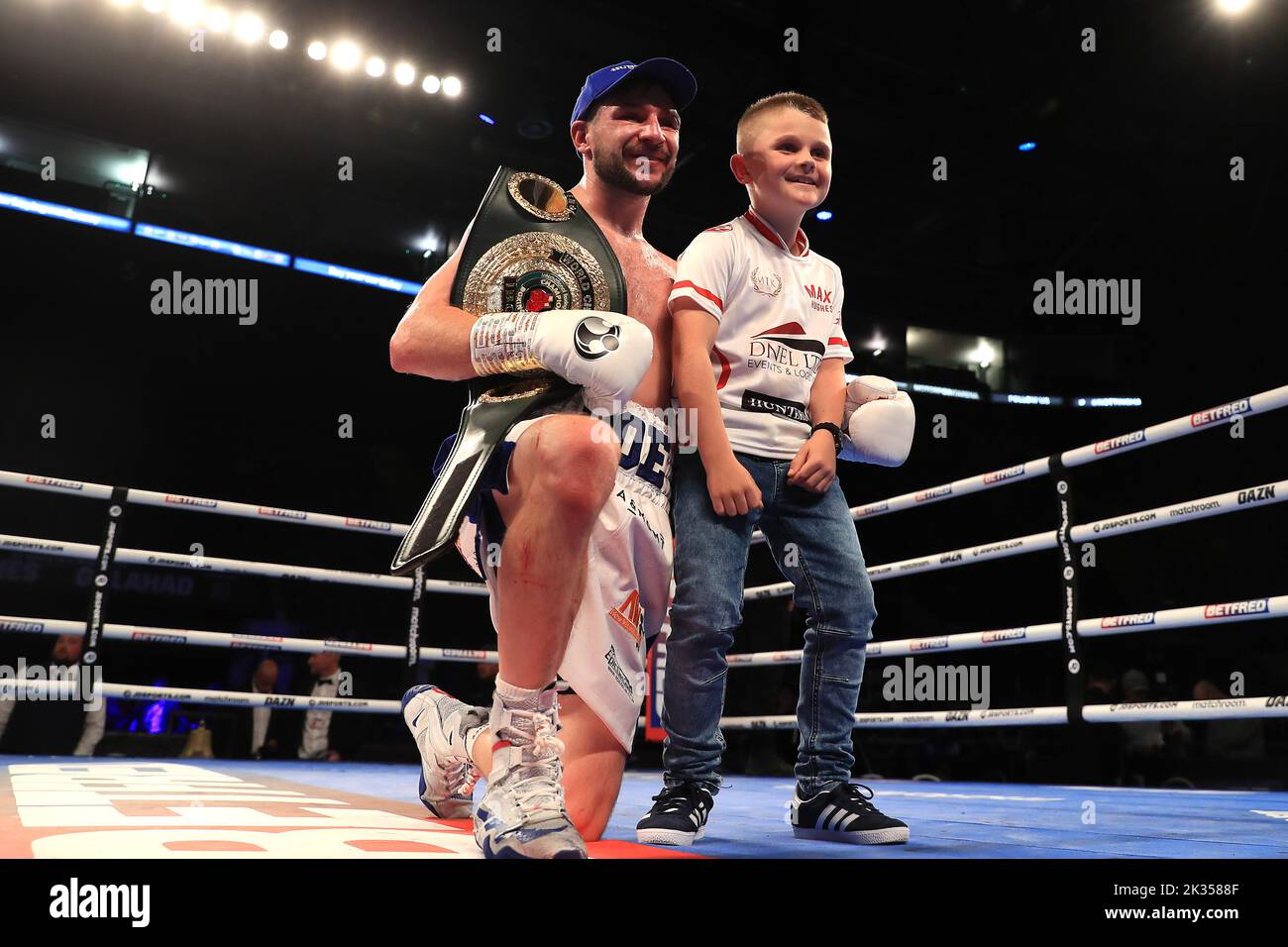 Maxi Hughes celebrates with winning the IBO World Lightweight title fight against Kid Galahad at Motorpoint Arena, Nottingham. Picture date: Saturday September 24, 2022. Stock Photo