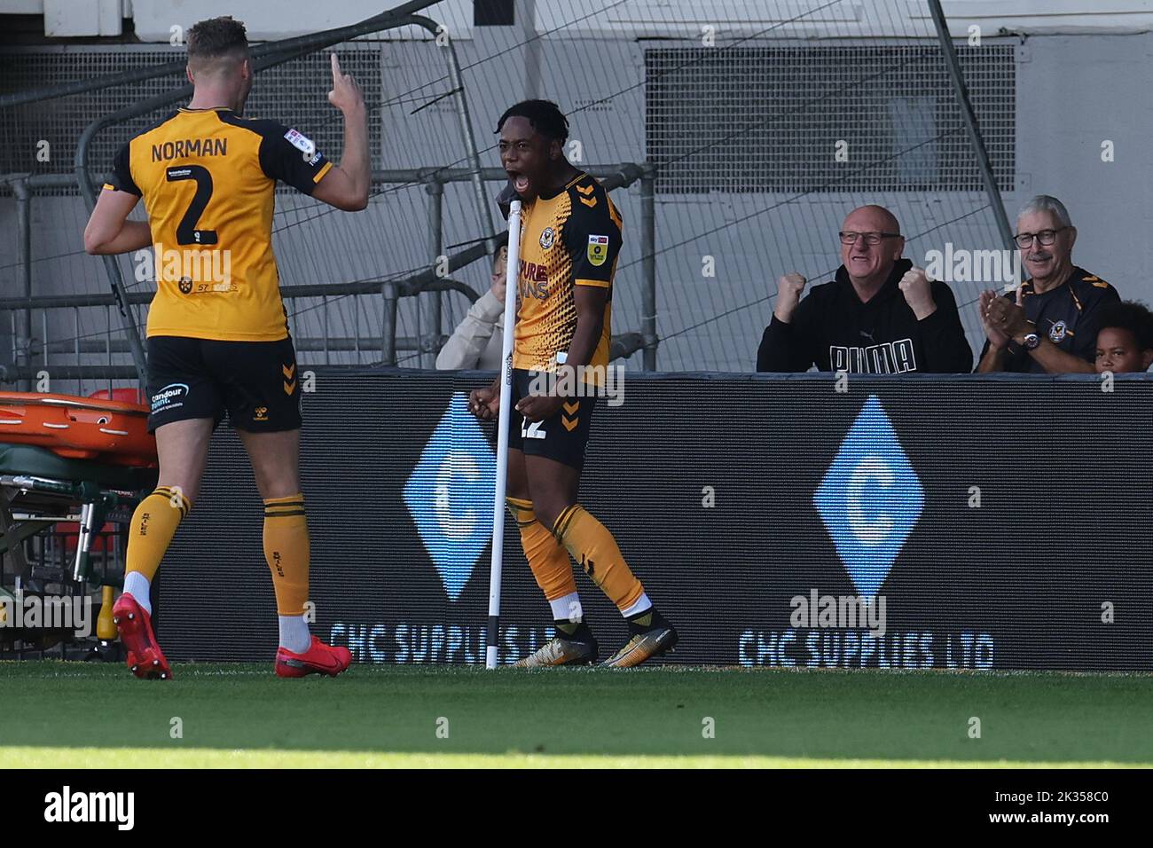 Newport, UK. 24th Sep, 2022. Nathan Moriah-Welsh of Newport County (r) celebrates with teammates after he scores his teams 1st goal. EFL football league two match, Newport county v Carlisle Utd at Rodney Parade in Newport, Wales on Saturday 24th September 2022. this image may only be used for Editorial purposes. Editorial use only, license required for commercial use. pic by Andrew Orchard/Andrew Orchard sports photography/Alamy Live news Credit: Andrew Orchard sports photography/Alamy Live News Stock Photo