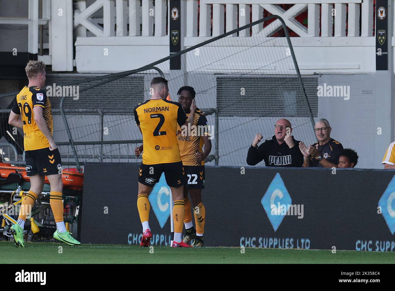Newport, UK. 24th Sep, 2022. Nathan Moriah-Welsh of Newport County (r) celebrates with teammates after he scores his teams 1st goal. EFL football league two match, Newport county v Carlisle Utd at Rodney Parade in Newport, Wales on Saturday 24th September 2022. this image may only be used for Editorial purposes. Editorial use only, license required for commercial use. pic by Andrew Orchard/Andrew Orchard sports photography/Alamy Live news Credit: Andrew Orchard sports photography/Alamy Live News Stock Photo