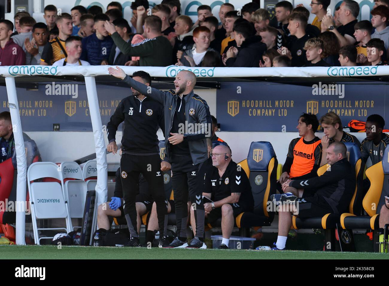Newport, UK. 24th Sep, 2022. James Rowberry, the manager of Newport county looks on from the dugout. EFL football league two match, Newport county v Carlisle Utd at Rodney Parade in Newport, Wales on Saturday 24th September 2022. this image may only be used for Editorial purposes. Editorial use only, license required for commercial use. pic by Andrew Orchard/Andrew Orchard sports photography/Alamy Live news Credit: Andrew Orchard sports photography/Alamy Live News Stock Photo