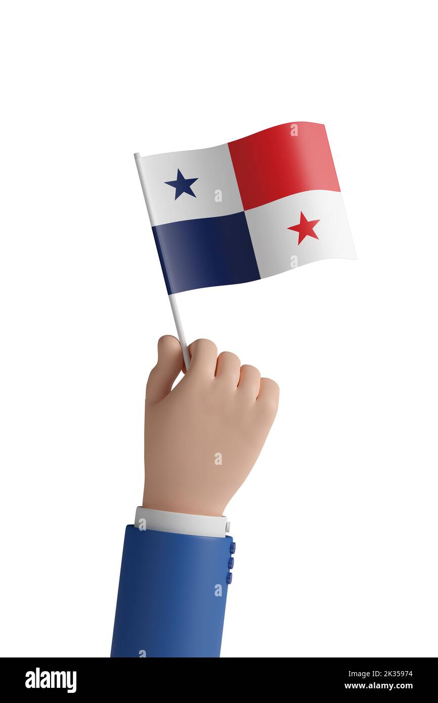 Cartoon hand with the flag of Panama isolated on white background. 3d illustration. Stock Photo