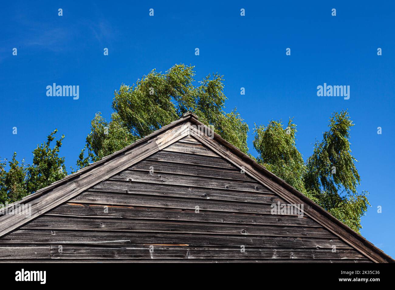 Weathered wooden gable against a blue sky with trees in Steveston British Columbia Canada Stock Photo