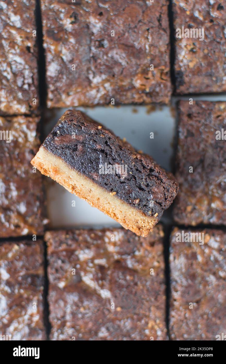 Cross section of brownies that have been cut into squares, Flat lay of