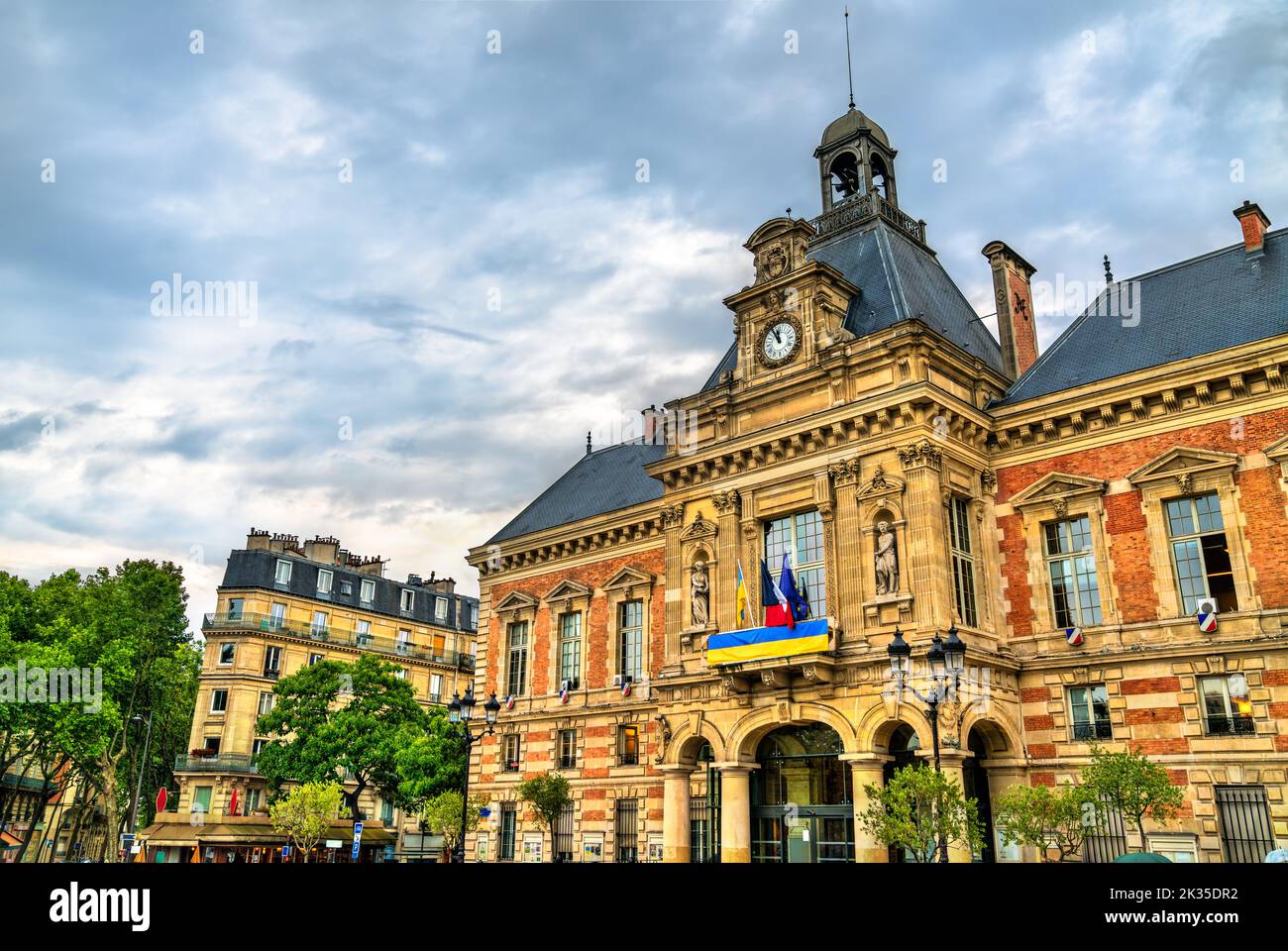 City hall of XIX arrondissement with Ukrainian Flags in Paris, France Stock Photo