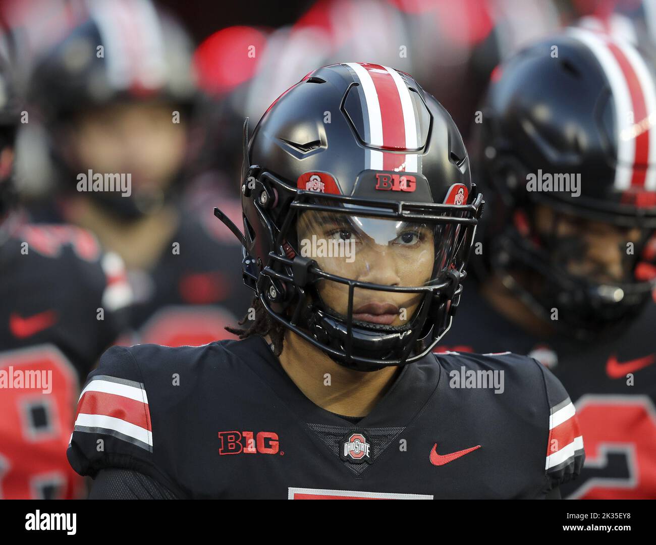 Columbus, United States. 24th Sep, 2022. The Ohio State Buckeyes quarterback C.J. Stroud prepares to take the field against the Wisconsin Badgers in Columbus, Ohio on Saturday, September 24, 2022. Photo by Aaron Josefczyk/UPI Credit: UPI/Alamy Live News Stock Photo