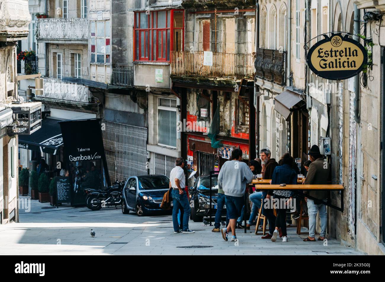 Vigo, Spain - September 24, 2022: People relax and socialize at a bar terrace in Vigo, Spain Stock Photo