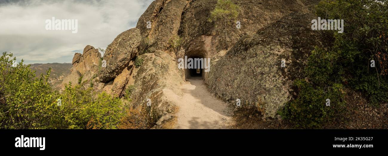 Panorama of the Trail Leading To The Tunnel In Pinnacles National Park Stock Photo
