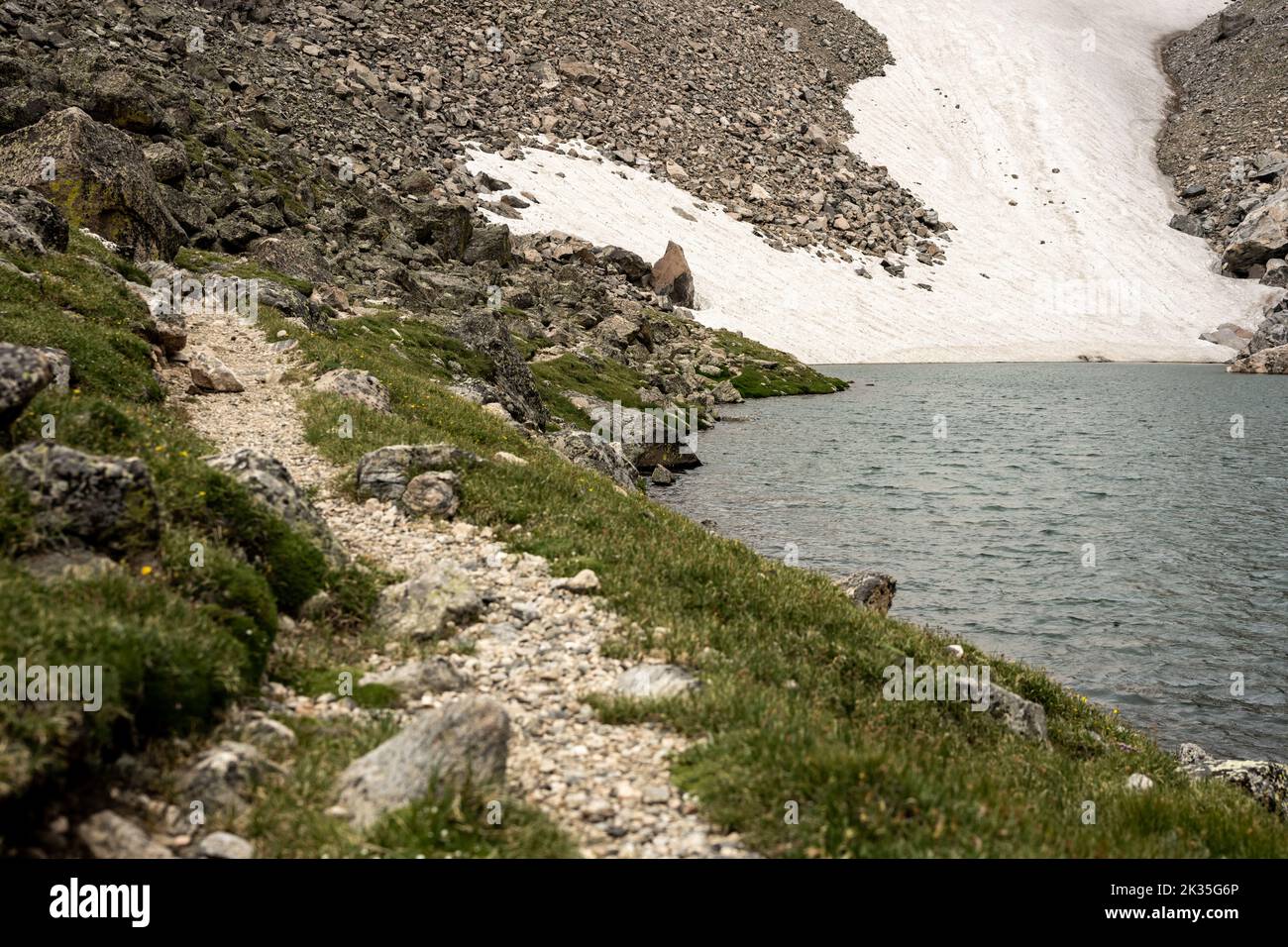 Rocky Trail Alongside Andrews Glacier and Tarn in Rocky Mountain National Park Stock Photo