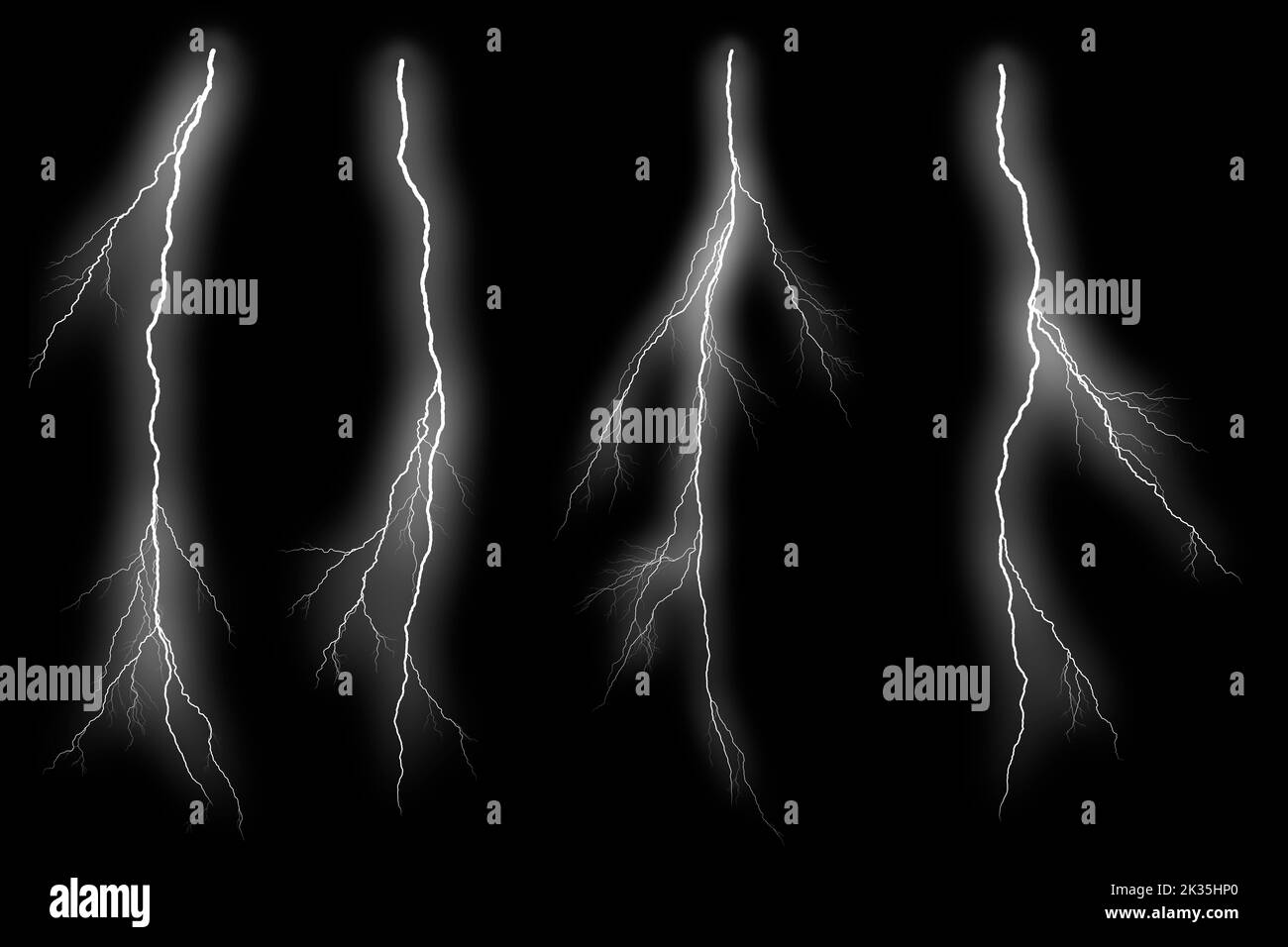 Set of different lightning bolts isolated on black background Stock ...